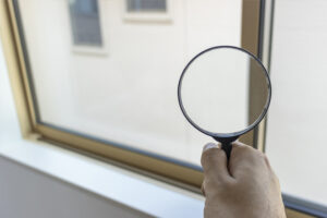 窓を虫メガネでチェックしているイメージ